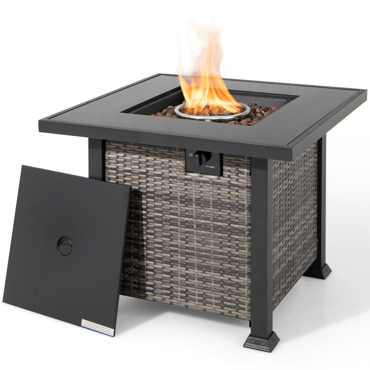 32 Inch Square Propane Fire Pit Table with Lava Rocks Cover