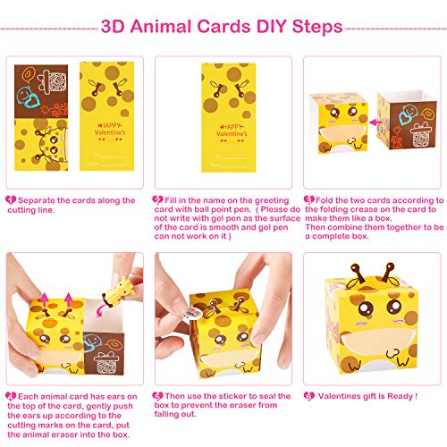 GLOCITI Valentines Day Cards for Kids 28 Pack 3D Animal Box with Puzzle Erasers - Perfect DIY Valentines Cards for Classroom School Games &#x26; Valentine Party Favors for Kids