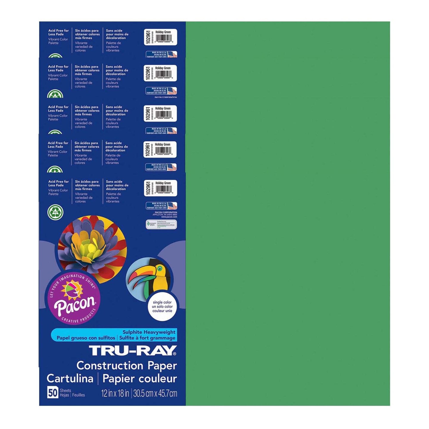 Construction Paper, Holiday Green, 12&#x22; x 18&#x22;, 50 Sheets Per Pack, 5 Packs