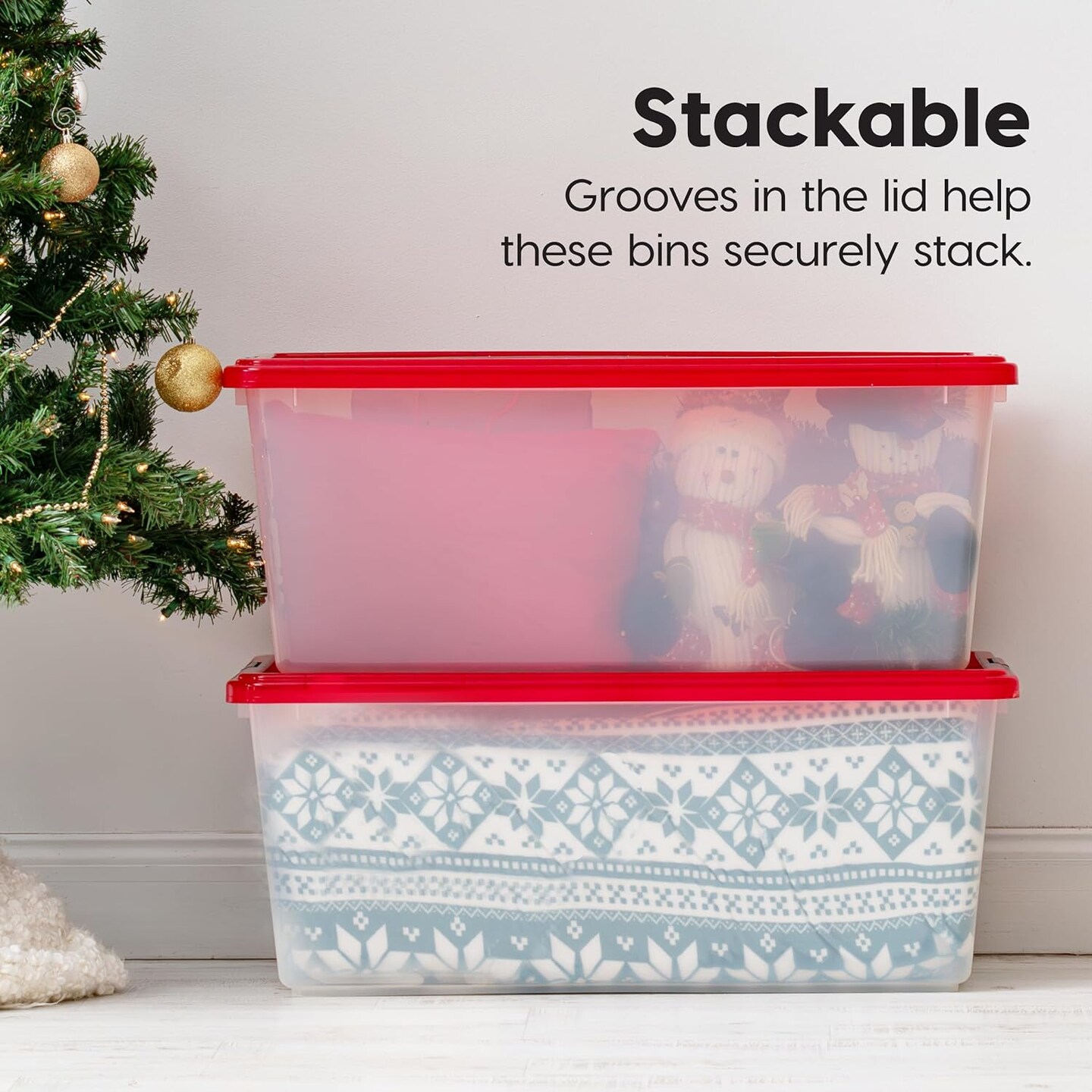 IRIS Christmas Plastic Storage Bins with Lids and Secure Latching Buckles, Holiday Red