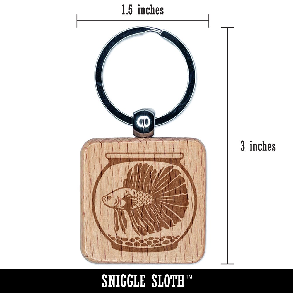 Betta in Fish Bowl Aquarium Engraved Wood Square Keychain Tag Charm