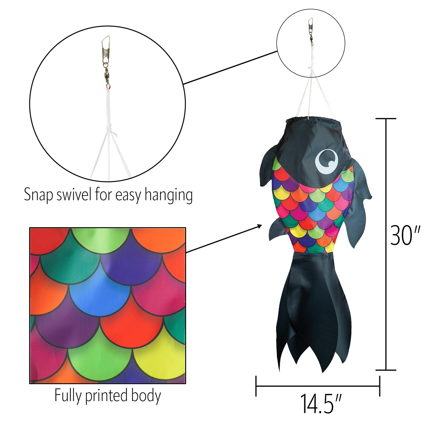 In the Breeze 5225 — 30-inch Black & Rainbow Damsel Fish — Colorful Fishsock Hanging Garden Decor with Detailed Printed Graphics