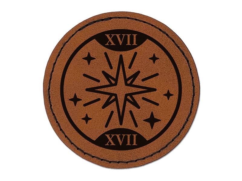 The Star Tarot Card Round Iron-On Engraved Faux Leather Patch Applique - 2.5&#x22;