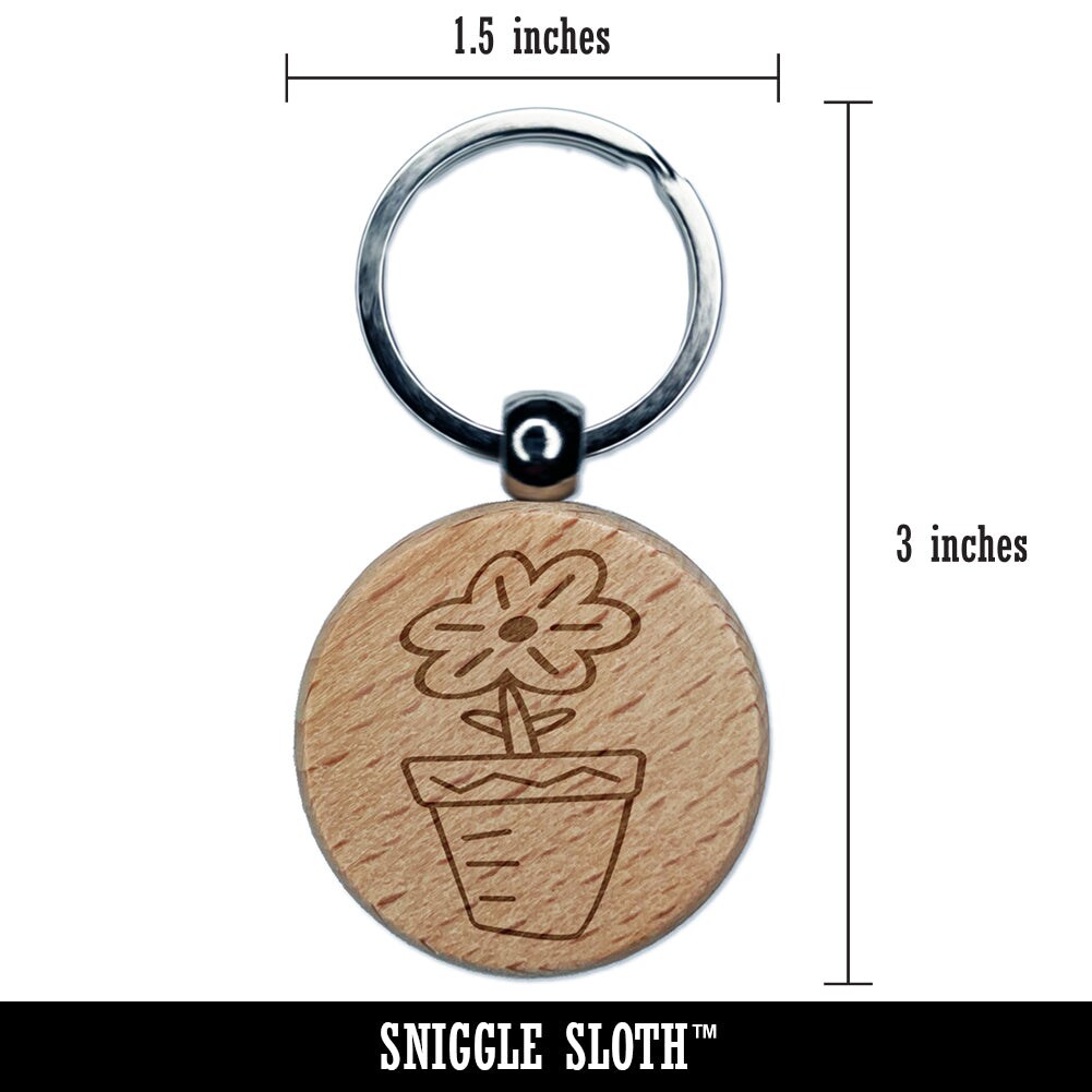 Flower Pot Doodle Engraved Wood Round Keychain Tag Charm