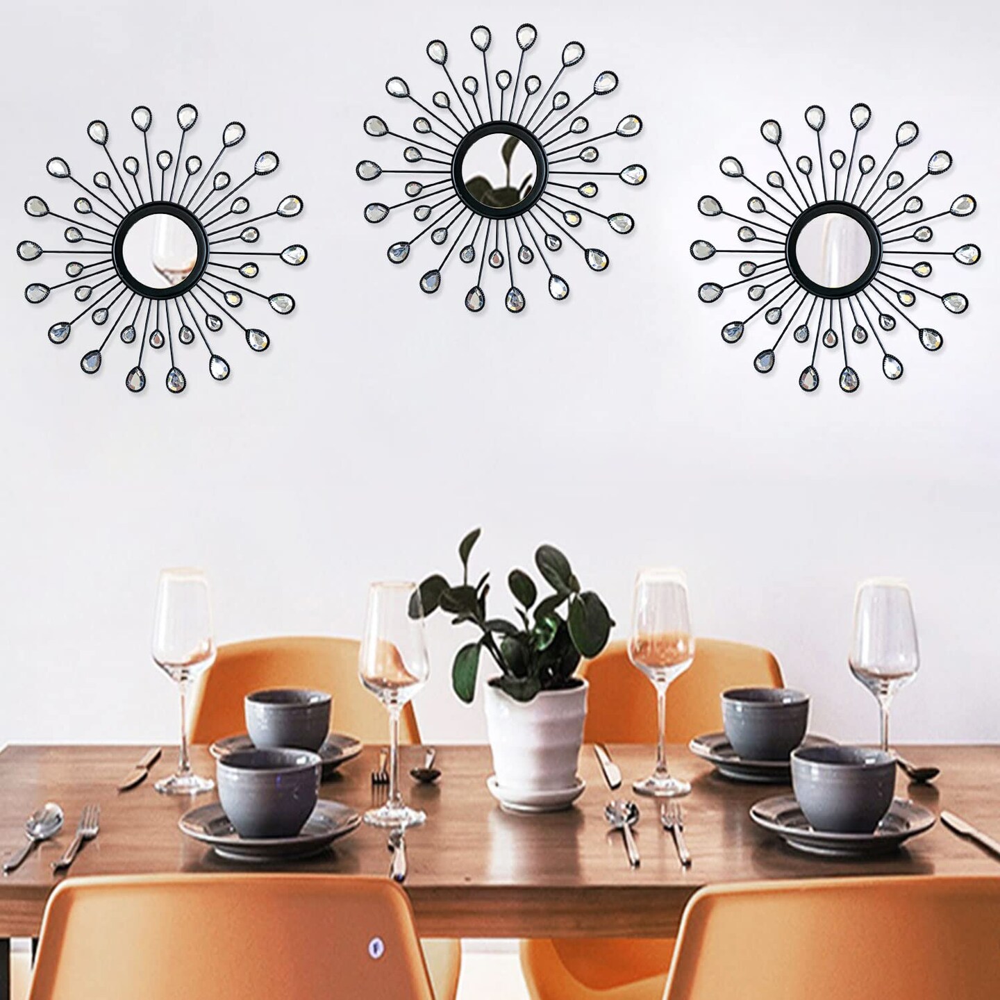 3 Pack Metal Wall Mirrors Rhinestones Starburst Mirror Set Bling Home Decorative Hanging Wall Art for Living Room Bedroom-Water-Drop Burst Black