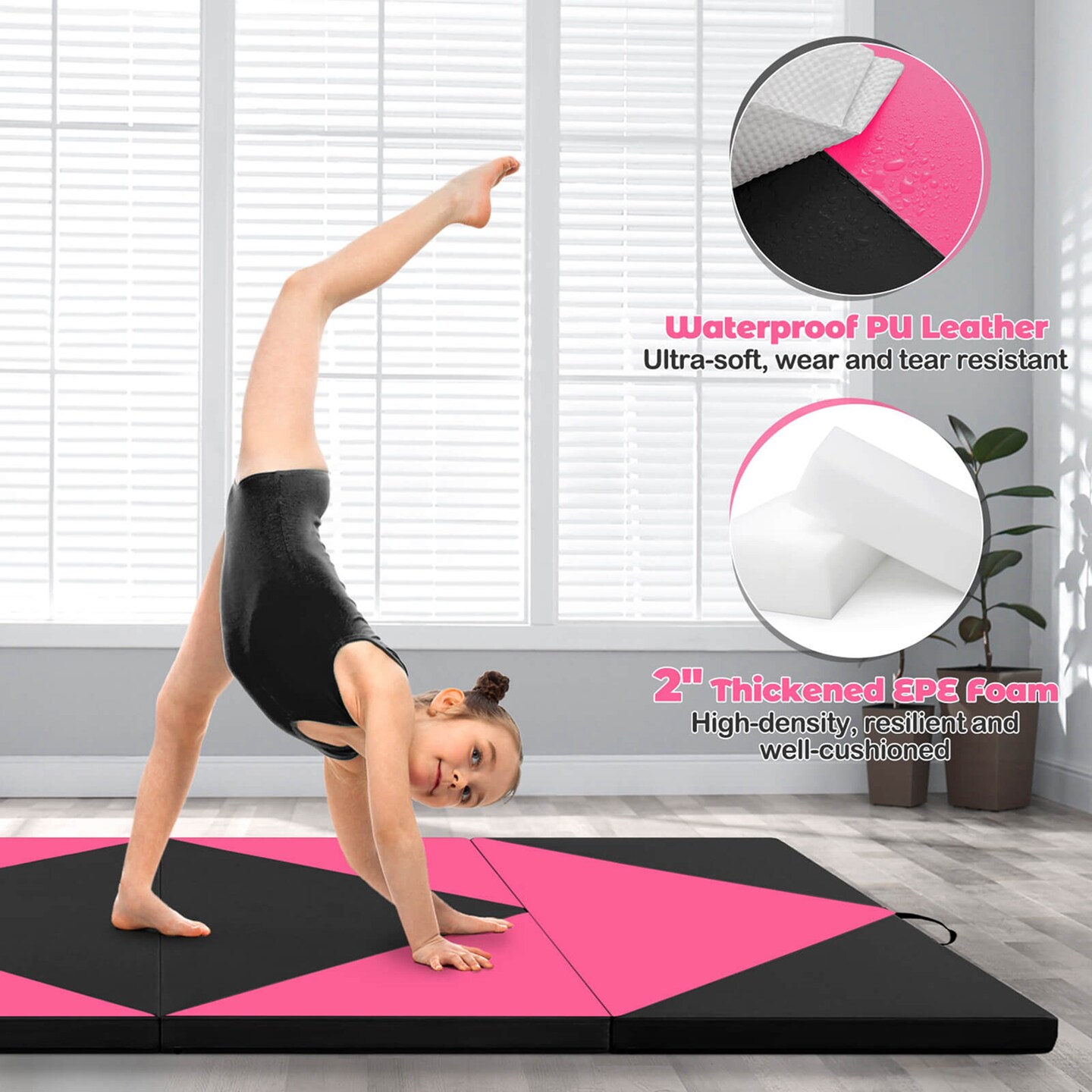 Costway Folding Gymnastics Mat 8' x 4' x 2'' PU Leather Tumbling Exercise Mat Yoga Gym Light Pink+Black/Blue+Black/Pink+Purple/Pink+Black/Pink+Blue/Pink
