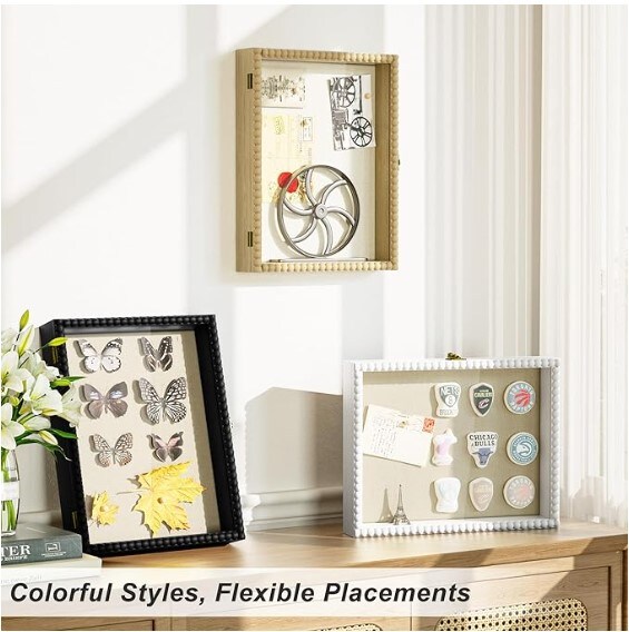 Deep Large Shadow Box Display Case with Unique Beads Door and Glass Window, Wood Memory Box for Pictures,Medals,Memorabilia,Collections White 11x14