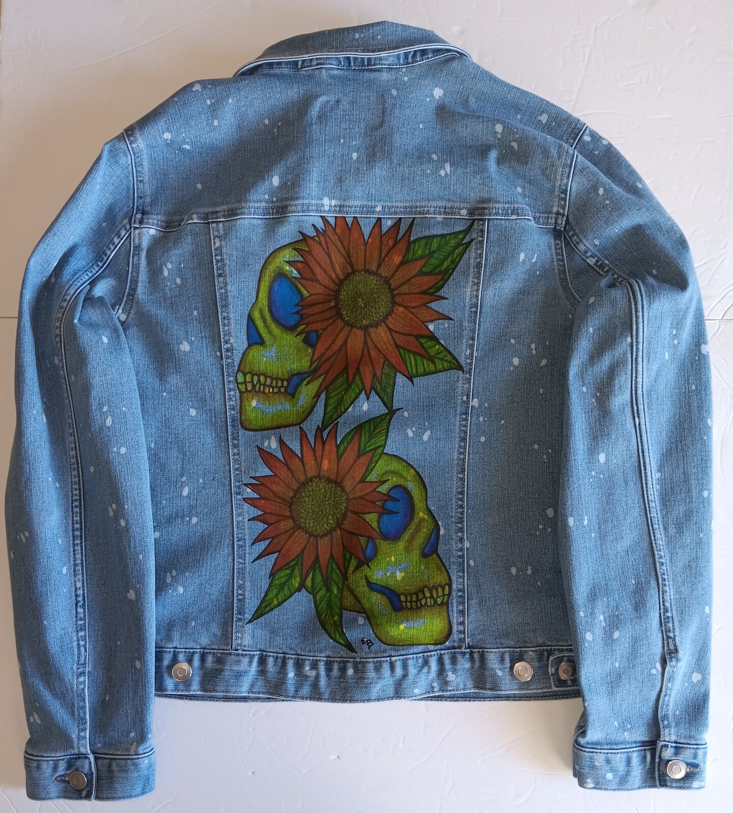 ジャケット・アウター sunflower winter coat Hand Painted Womens Jean Jacket with Yellow Skulls and Orange