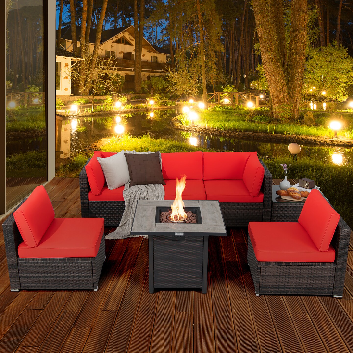 Costway 7PCS Patio Rattan Furniture Set 30'' Fire Pit Table Cover Cushion Sofa Off White\Black\Navy\Red\Turquoise
