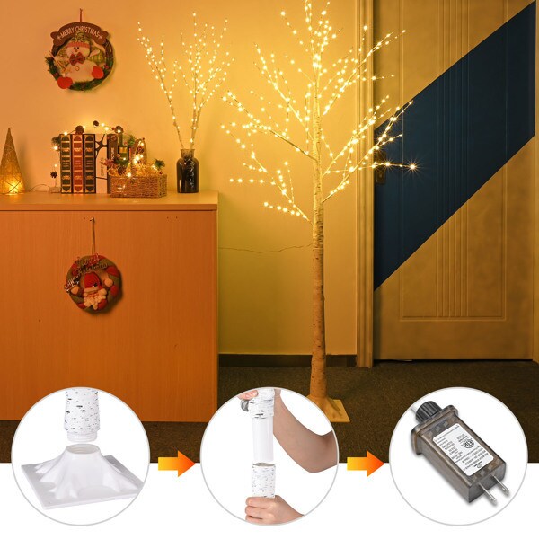 6FT Lighted Birch Tree with 305 LEDs Warm White Lights, 8 Lighting Modes &#x26; Brightness Adjustment for Indoor Outdoor Summer Christmas Holiday Party Decoration