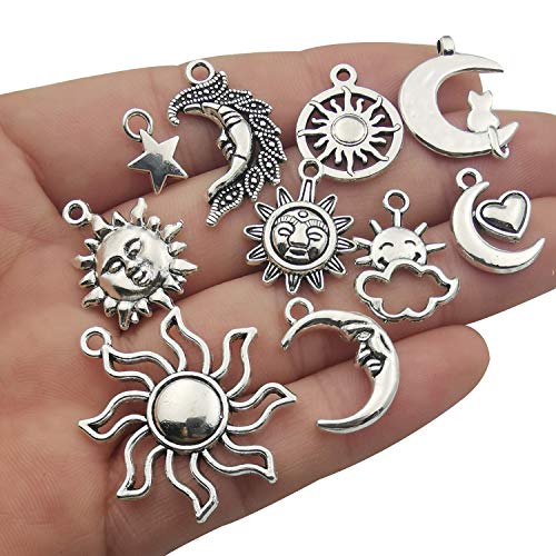 80 Pieces Craft Supplies Mixed Antique Silver Sun Moon Stars Charms Pendants for Crafting, Jewelry Findings Making Accessory for DIY Necklace Bracelet (M250)
