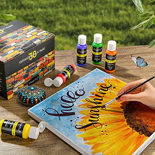 Magicfly Outdoor Acrylic Paint, Set of 30 Colors/Tubes (60 ml, 2 oz.) with Storage Box, Rich Pigments, Multi-Surface Paints for Rock, Wood, Fabric, Leather, Paper, Crafts, Canvas and Wall Painting