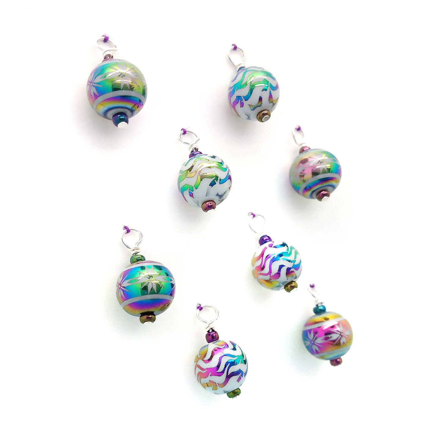 Tiny Christmas Ornaments, 8 pieces with Hooks, Miniature Glass Balls in Rainbow Patterns, Adorabilities