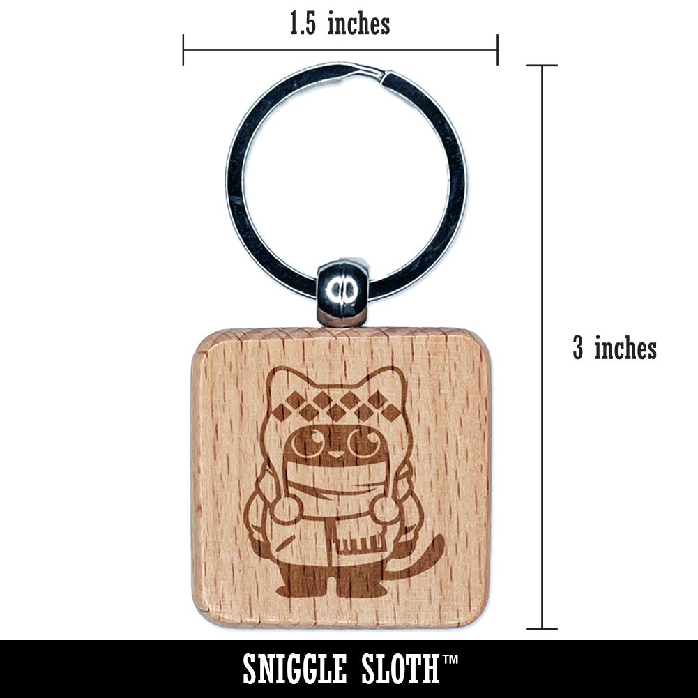 Cute Cat in Jacket is Ready for Winter Engraved Wood Square Keychain Tag Charm