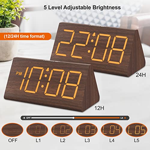 Wooden Digital Alarm Clocks for Bedrooms - Electric Desk Clock with Large Numbers, USB Port, Battery Backup Alarm, Adjustable Volume, Dimmer, Snooze, DST, 12/24H, Wood Décor (Brown)
