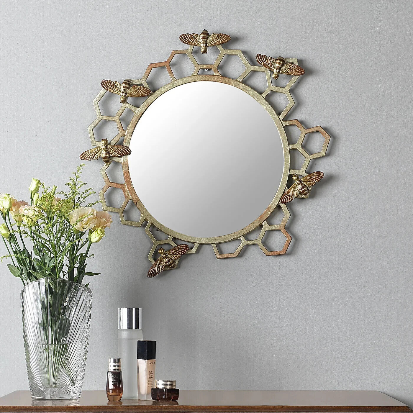 21.5 Inches Artistic Glass Honeycomb And Bee Wall Mirror