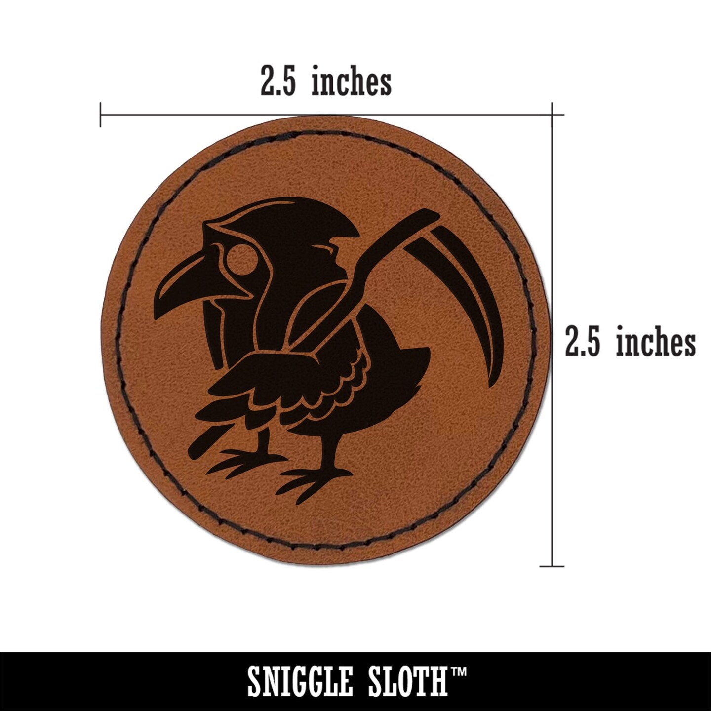 Reaper Raven Hood Scythe Round Iron-On Engraved Faux Leather Patch Applique - 2.5&#x22;