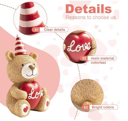 Figurines for Valentine&#x27;s Day Centerpieces with a Resin Teddy Bear and a Heart Valentine&#x27;s Small Statues Indoor Fireplace Home Decorations Table Desk Top Mantle Tiered Tray Shelf