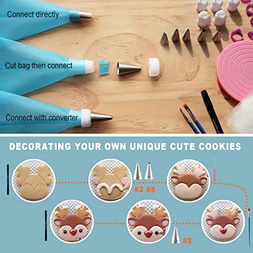 82 Pieces Cookie Decorating Supplies Kit With Storage Box, Sugar Cookies Turntable Set With 6 Piping Tips and Bags, Scribe Needle, Brush, Ideal Beginner Decorator Lover Kids Gift Valentine Halloween