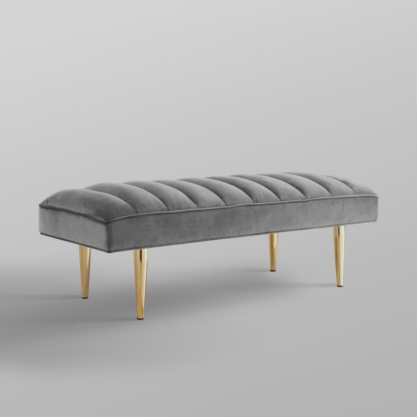 Denver Velvet Channel Tufted Bench with Mirrorred Lacquer Finish With Gold/Chrome Legs