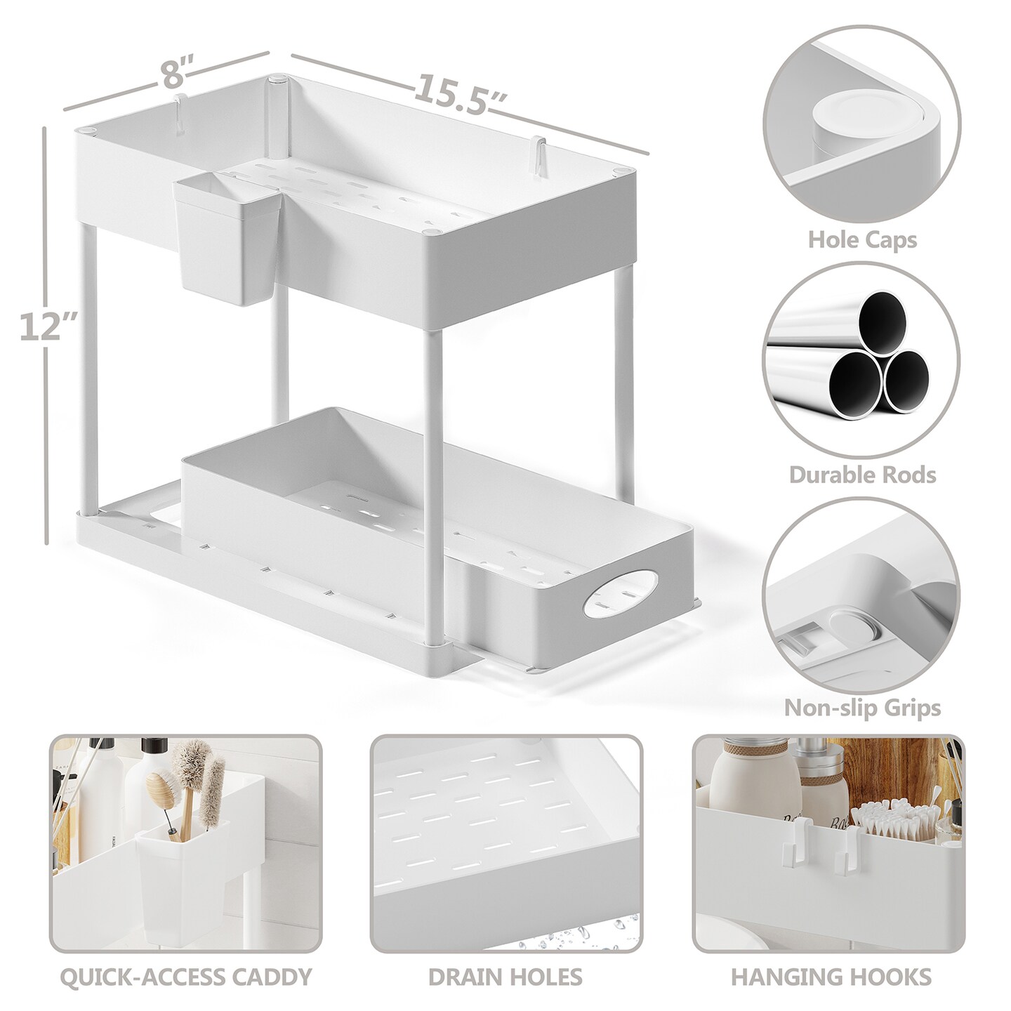 Storagebud 2 Tier Non-Slip Grip Kitchen Under Sink Organizer - Bathroom Cabinet Organizer with Utility Hooks and Side Caddy - 2 Pack - Black