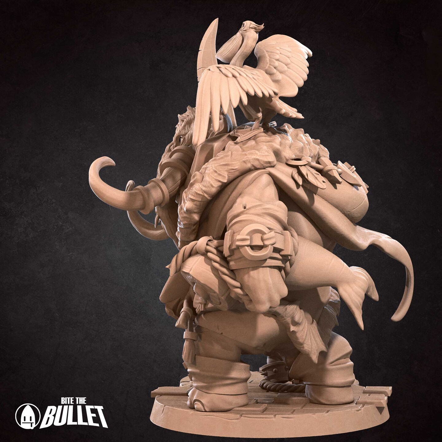 Loxodon hunter from Bite the Bullet's Fishing Village. Total height apx.  71mm. Unpainted resin miniature