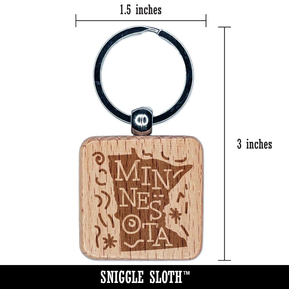 Minnesota State with Text Swirls Engraved Wood Square Keychain Tag Charm
