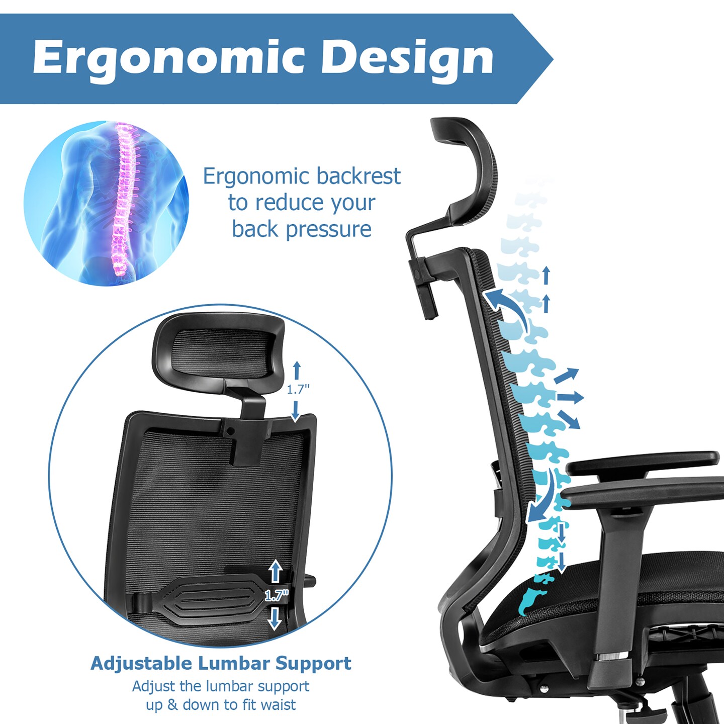 Costway Office Chair Adjustable Mesh Computer Chair with Sliding Seat &#x26; Lumbar Support