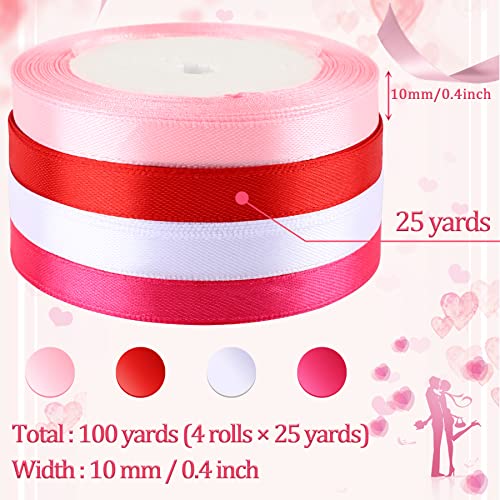 4 Rolls 100 Yards Valentine&#x2019;s Day Ribbons for Gift Wrapping, 10mm Wide Valentines Satin Ribbon for Valentine&#x27;s Day Wedding Holiday Craft Projects
