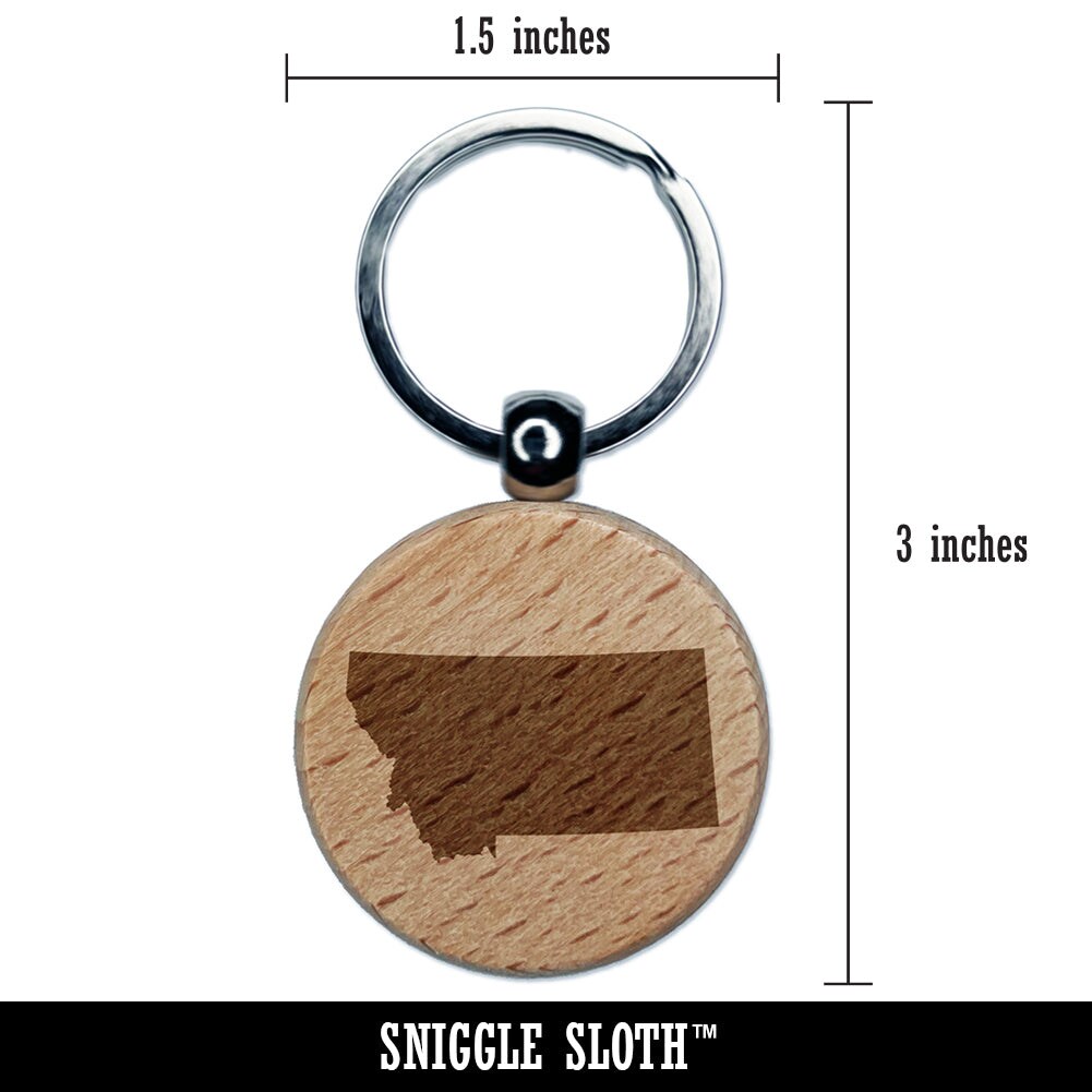 Montana State Silhouette Engraved Wood Round Keychain Tag Charm