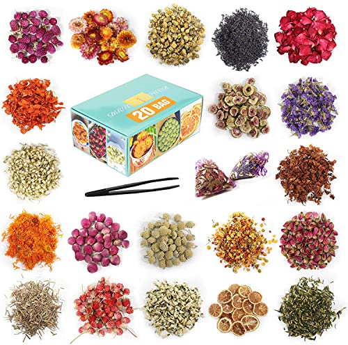 20 Bags Dried Flowers,100% Natural Dried Flowers Herbs Kit for Soap Making, DIY Candle Making,Bath - Include Rose Petals,Lavender,Don&#x27;t Forget Me,Lilium,Jasmine,Rosebudsand More
