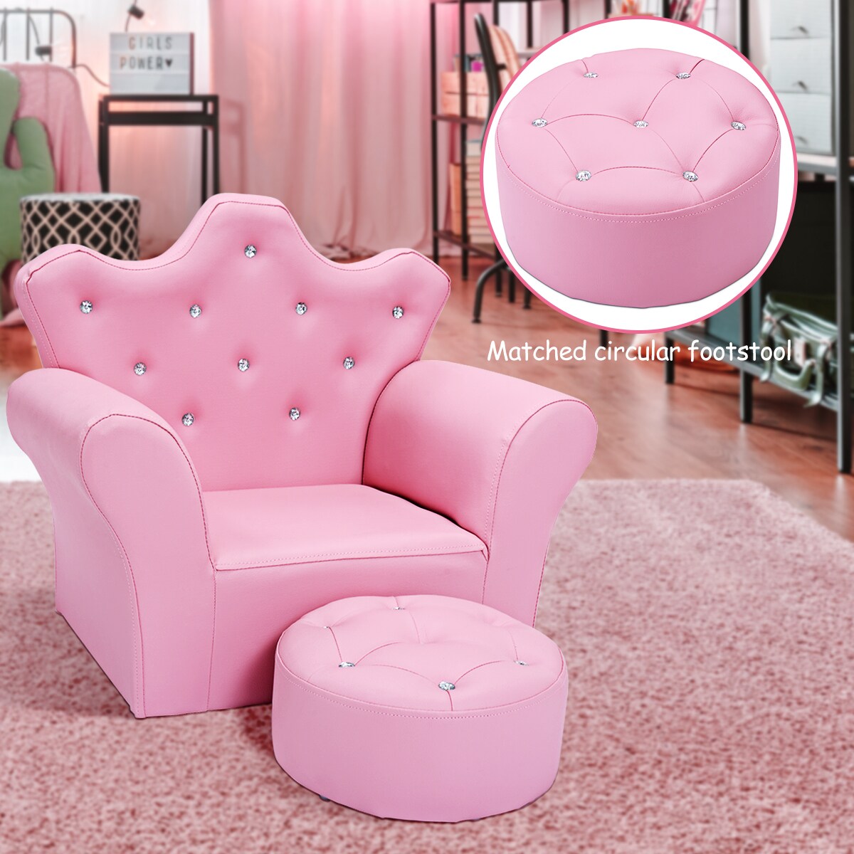 Costway Pink Kids Sofa Armrest Chair Couch Children Toddler Birthday Gift w/ Ottoman