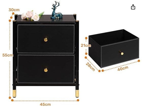 Small Dresser, Nightstand with 2 Drawers, Bed Side Table, End Table with Fabric Bins for Bedroom/Living Room/Nursery Closet/Office, Black Golden