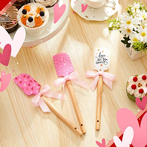 3 Pieces Valentine&#x27;s Day Silicone Spatulas with Wooden Handles Valentine Pattern Heat Resistant Baking Spatulas Silicone Spatulas with Pink Satin Ribbon Bows for Baking, Cooking and Sauteing