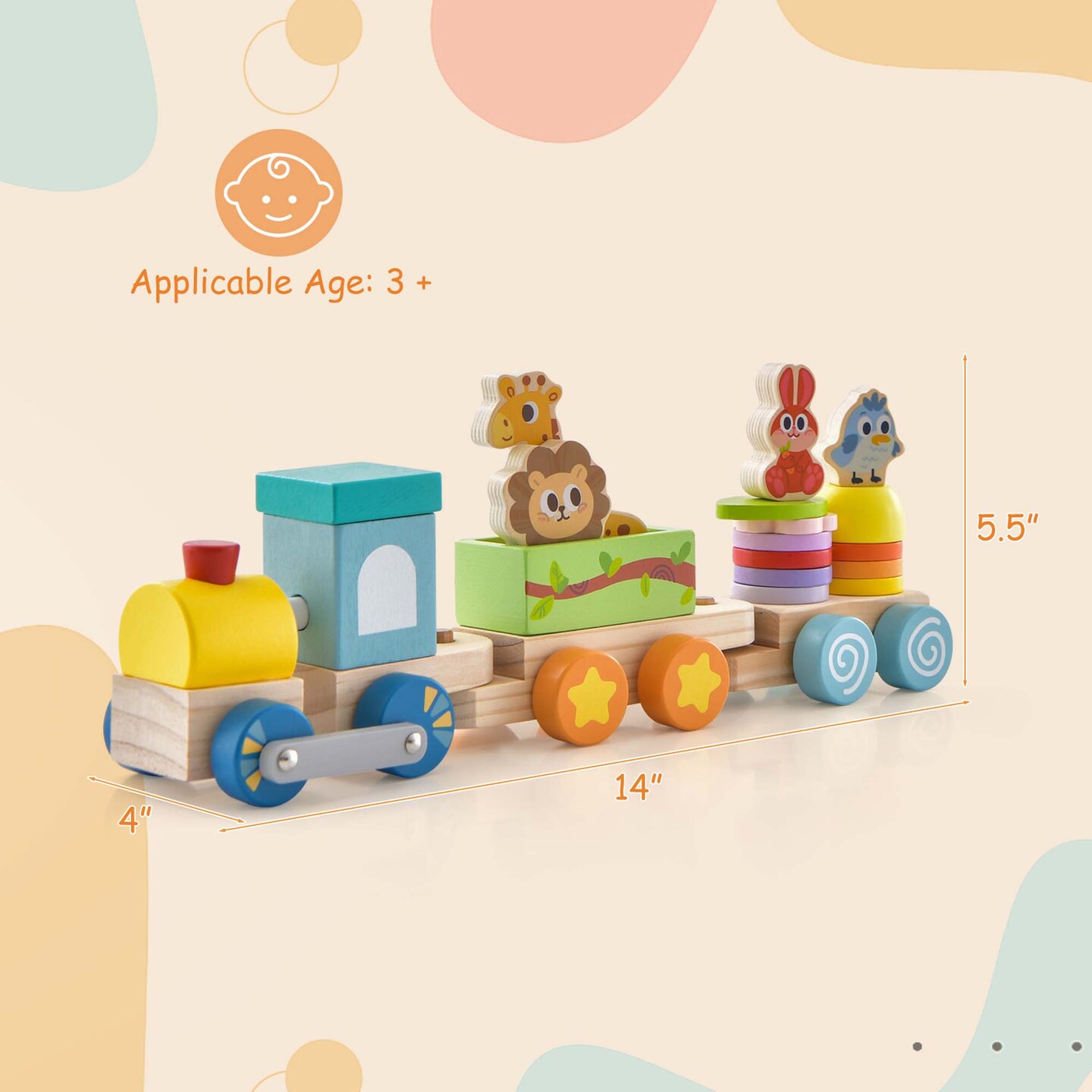 Costway Wooden Stackable Train Set Kids Educational Fun Cars with Animal Toys &#x26; Locomotive