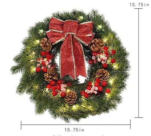 Lighted Christmas Wreath with 40 LED Warm White Lights for Winter Holidays Home Decoration 16 Inches LED Christmas Wreath with Pinecones Red Berries, Red Bowknot
