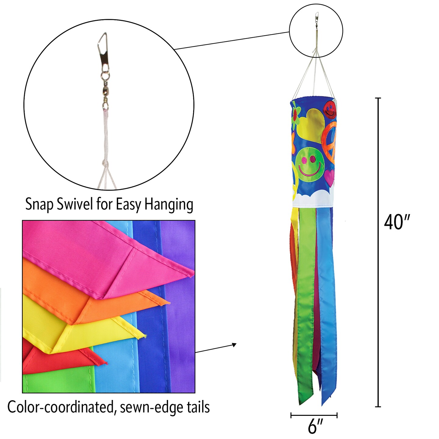 In the Breeze 5214 &#x2014; Peace, Love &#x26; Happiness 40-inch Windsock &#x2014; Fun, Novelty &#x27;60s Inspired Hanging Garden D&#xE9;cor