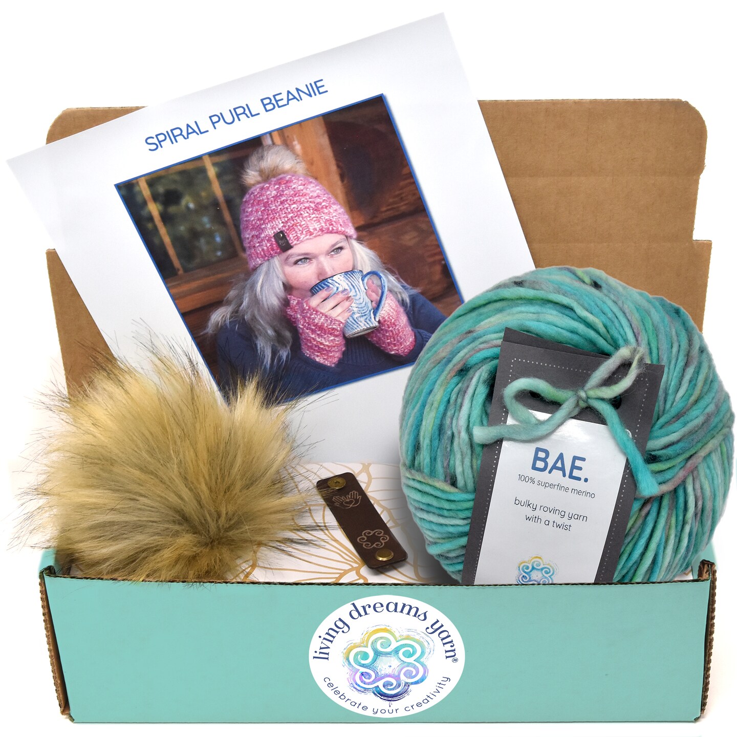 DIY Winter Hat Knit Kit. Includes Bulky Superfine Merino Wool Yarn, Printed Pattern, Pom-Pom, Rim Tag. Soft, Cozy, Great for Gifts