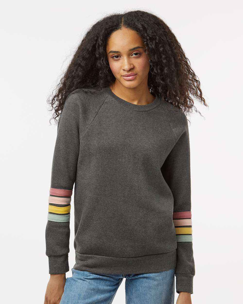 MV Sport&#xAE; Women&#x27;s Striped Sleeves Long Sleeve Crewneck Sweatshirt