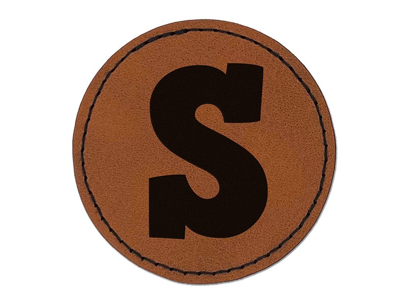 Letter S Uppercase Fun Bold Font Round Iron-On Engraved Faux Leather Patch Applique - 2.5&#x22;