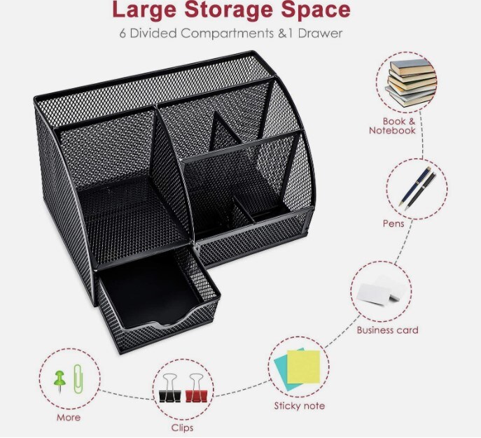 Mesh Desk Organizer Office Supplies 6 Compartments + 1 Drawer Pen Holder