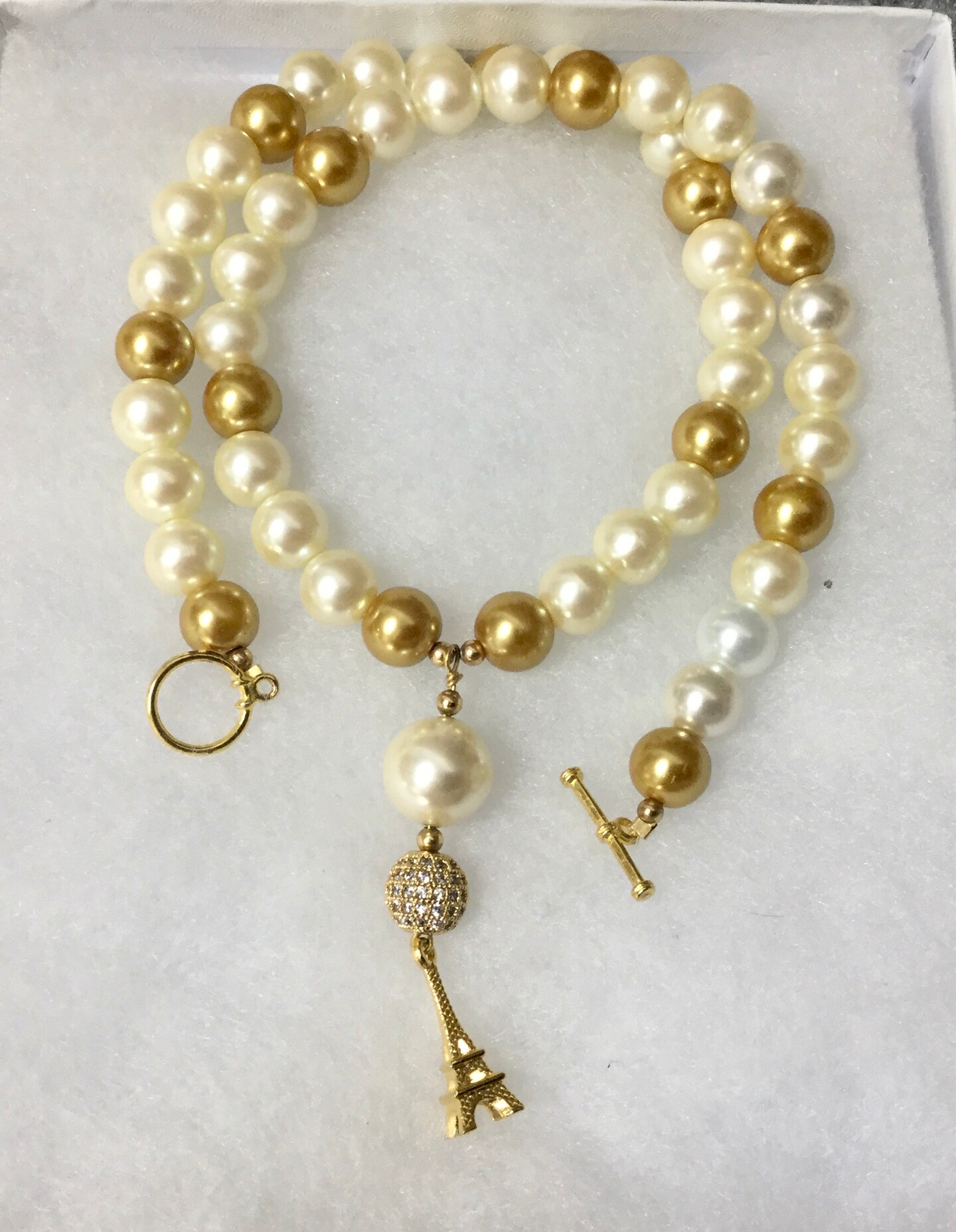 Beaded Pearl Necklace Swarovski White and Gold Pearls Faux Gold