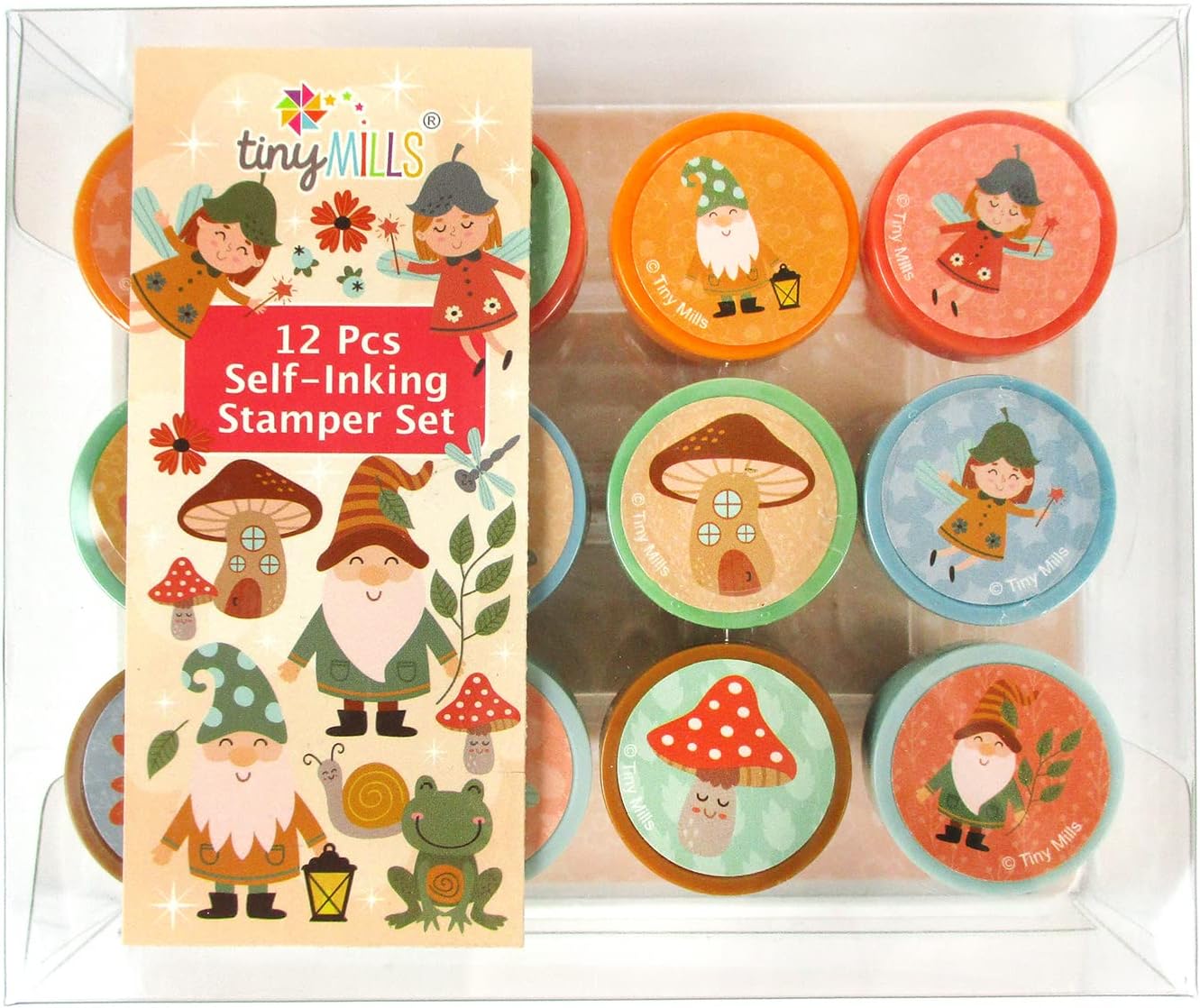 TINYMILLS 12 Pcs Garden Fairies Mushroom Gnomes Stamp Kit for Kids - Gnomes Garden Fairies Tea Party Self Inking Stamps Gift Party Favors