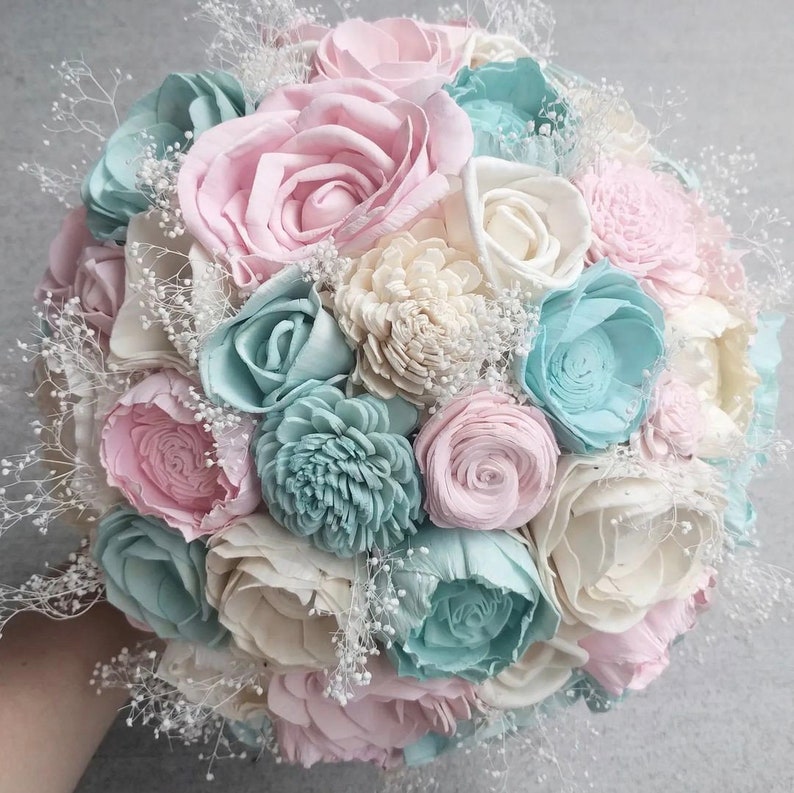 Blush, Light Blue, and Ivory Sola Wood Flower Bouquet with Baby's