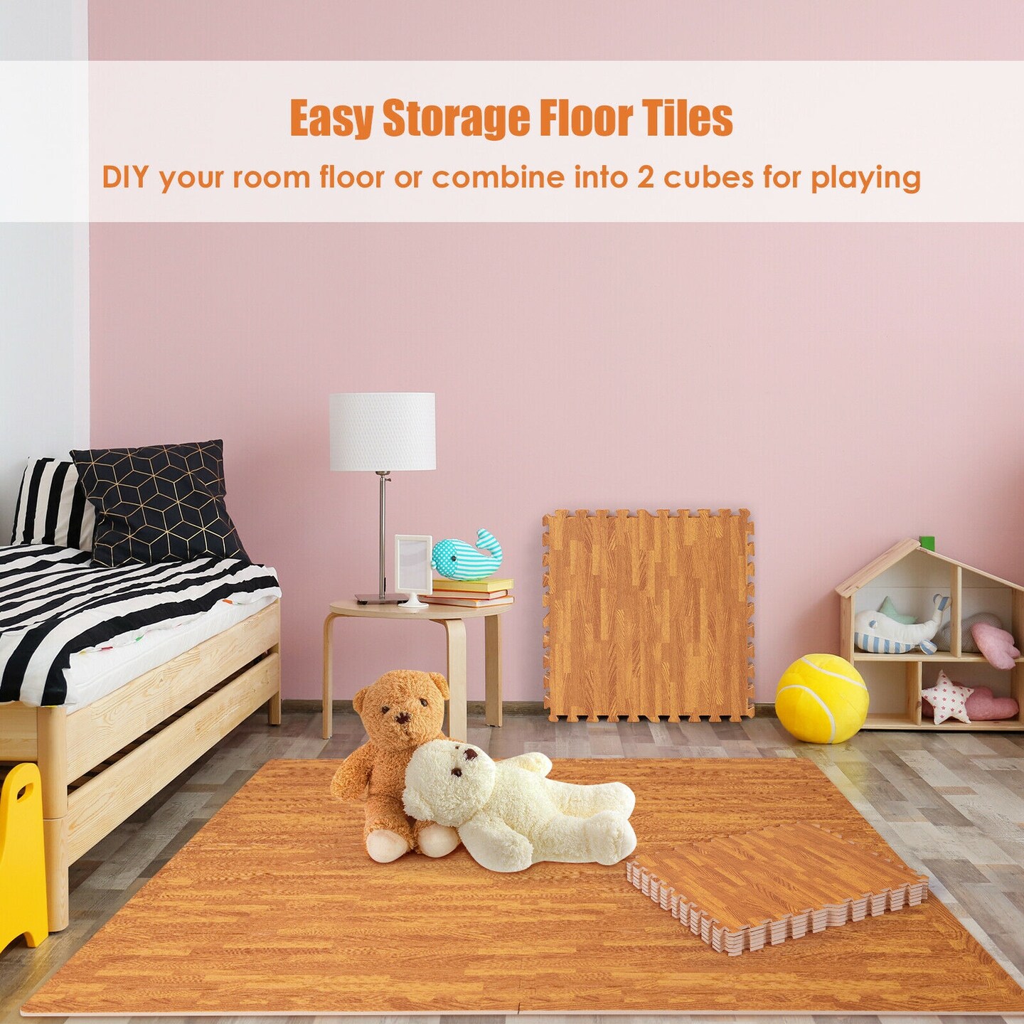 12 Pieces Wood Grain Interlocking Floor Mats with 2 Detachable Border Strips