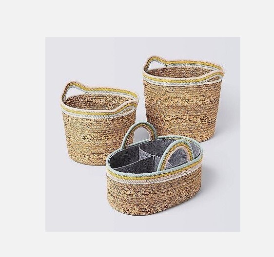 Round Natural Woven Storage Bin with Coiled Rope Handle