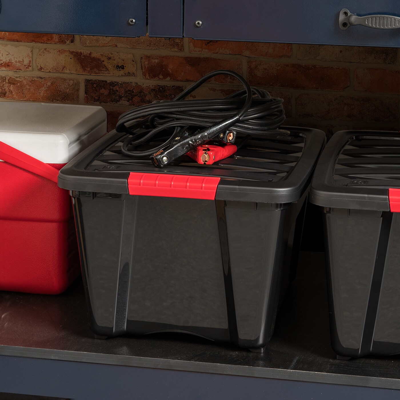 IRIS USA 32 Qt Stackable Plastic Storage Bins with Lids, 4 Pack - BPA-Free, Made in USA - Garage Organizing Solution, Latches, Durable Nestable Containers, Secure Pull Handle - Black