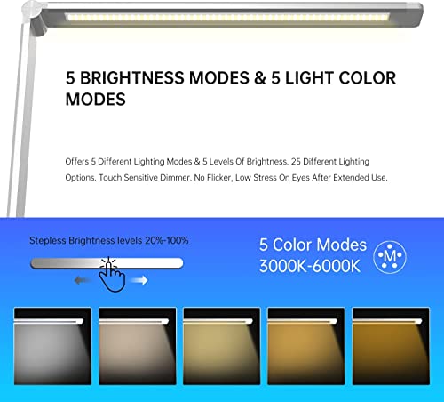 LED Desk Lamp with USB Charging Port, Dimmable Eye-Caring Reading Desk Light for Home, with 5 Brightness Level &#x26; 3 Lighting Modes, Touch Control, Auto Timer (White)