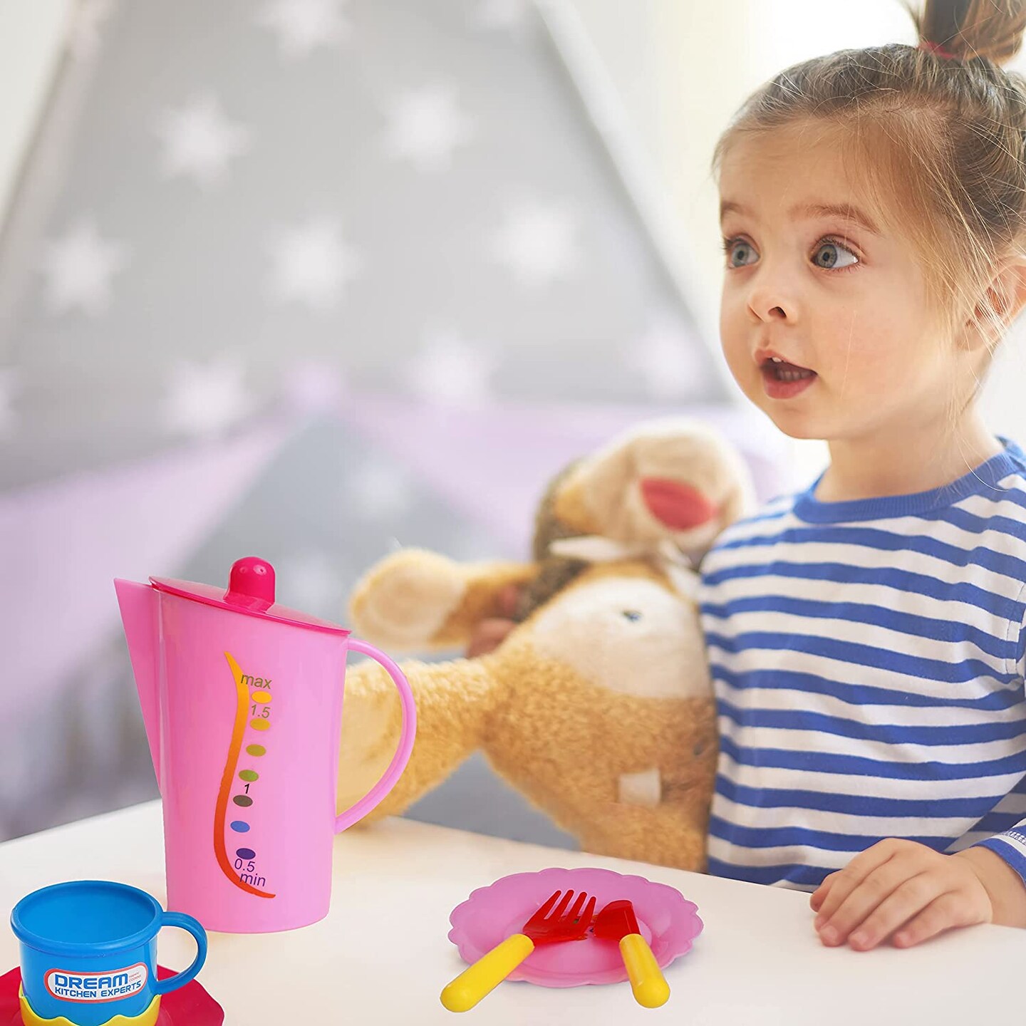 Kids and Toddler Play Dishes with Drainer, Play Kitchen Accessories 28 Piece Set, Kitchen Plastic Toys, Toy Plates and Dishes for Kids Kitchen Set