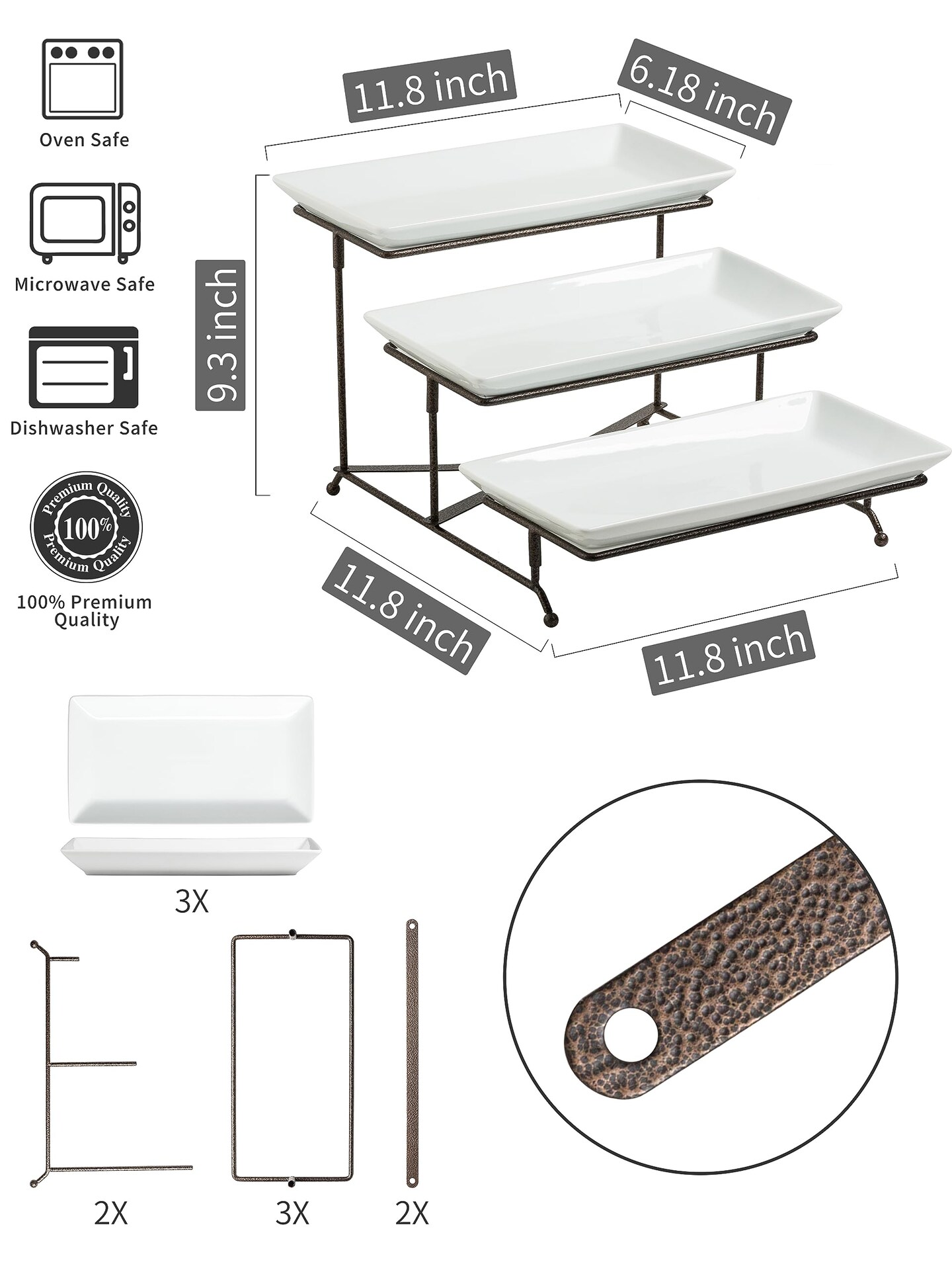 3 Tier Serving Stand Collapsible Sturdier Rack with 3 Porcelain Serving Platters Tier Serving Trays for Fruit Dessert Presentation Thanksgiving Christmas Party Display Set, 12 Inch, Bronze
